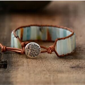 Amazonite Bracelet Rectangle Wrap Boho Jewelry Bohemian Brown Leather Tree Clasp